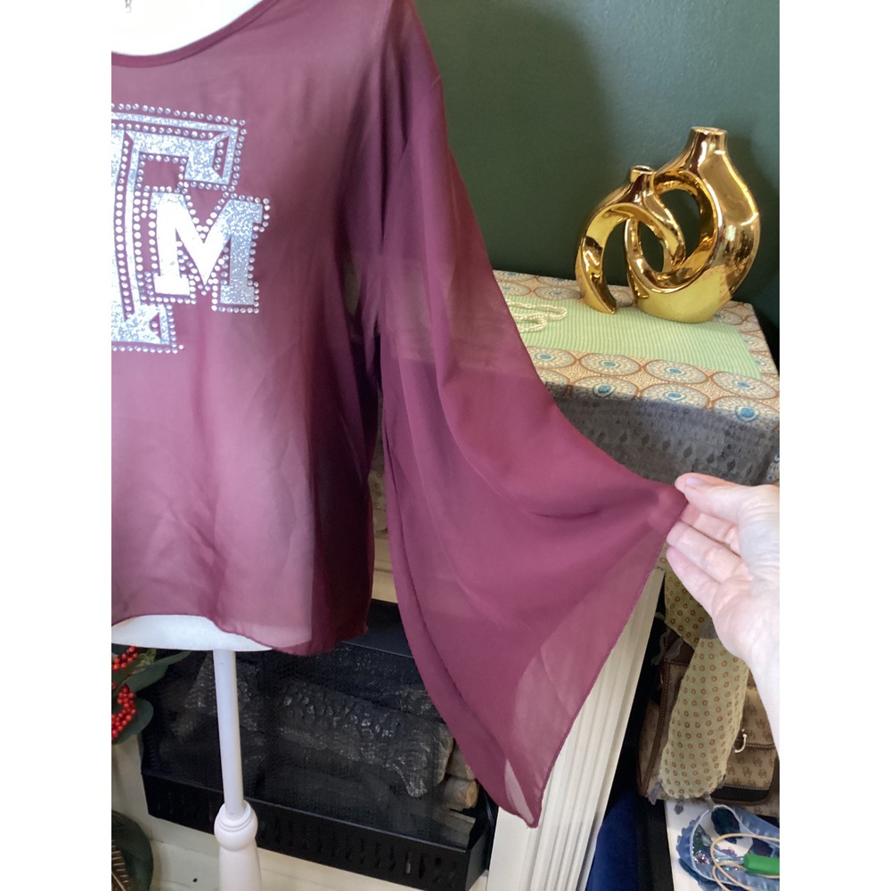 Gameday Couture Texas A&M Aggies Maroon Sheer Sequin Bell Sleeve Top Large - Picture 2 of 5